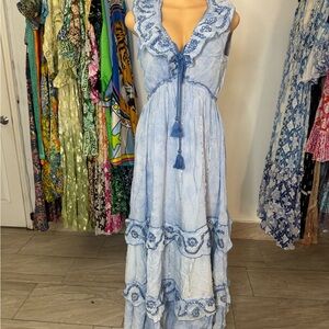 Elegant Blue Embroidered Maxi Dress